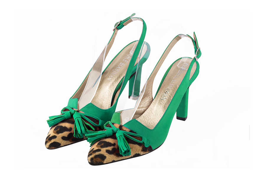 Safari black and emerald green women's open back shoes, with a knot. Tapered toe. High slim heel. Front view - Florence KOOIJMAN